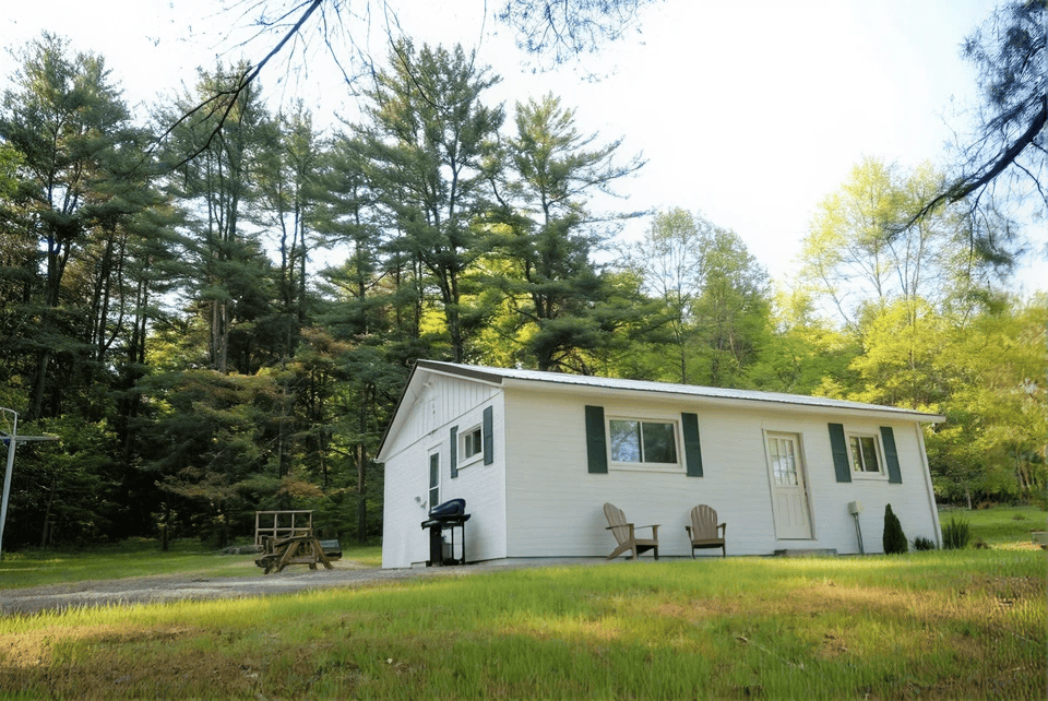 White cottage surrounded by trees