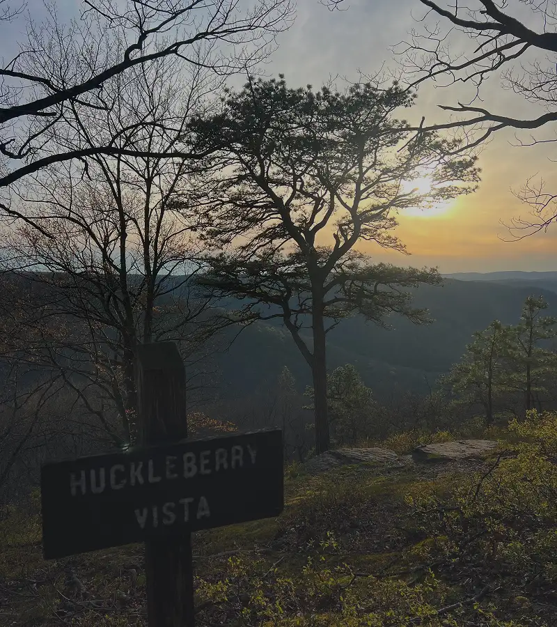 Huckleberry vista sign at the top of a mountain, surrounded by trees and hills